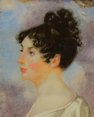 Lot 114 - A VICTORIAN MINIATURE PORTRAIT of a young raven haired woman in silhouette