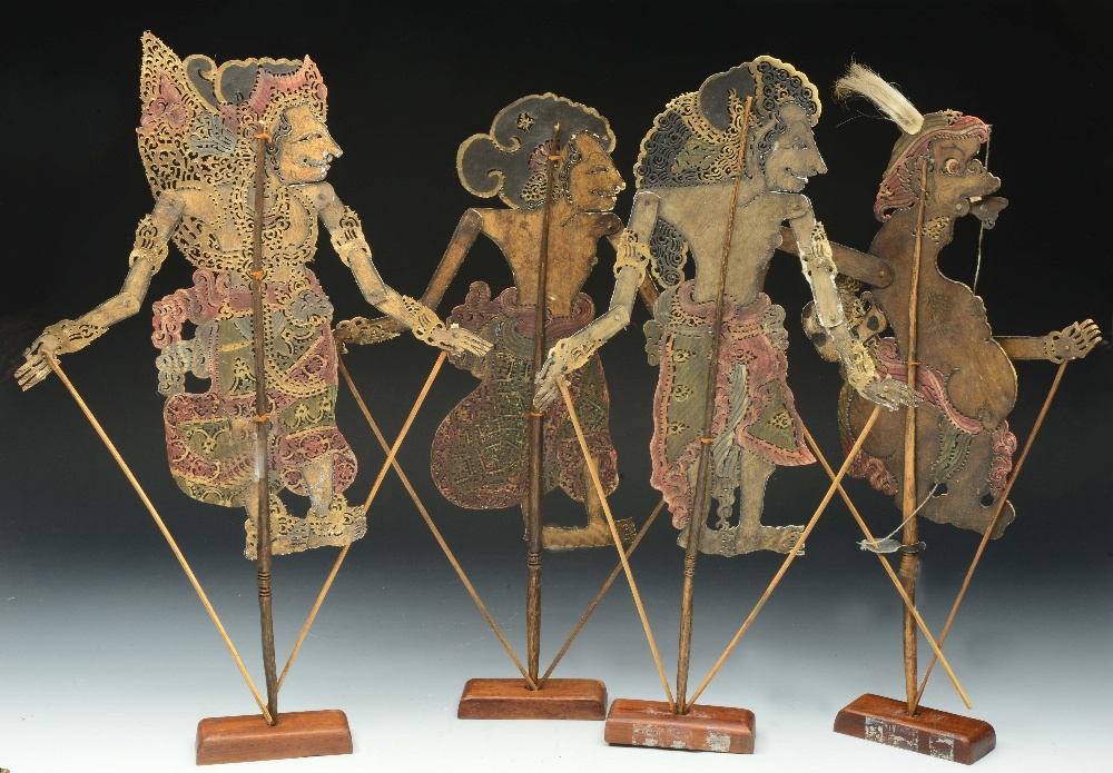 Lot 123 - A SET OF FOUR MALAYSIAN WAYANG KULIT SHADOW PUPPETS with painted decoration