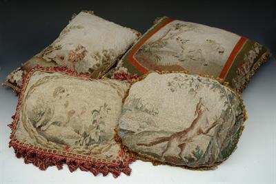 Lot 126 - A GROUP OF FOUR ANTIQUE AUBUSSON TAPESTRY COVERED CUSHIONS with varying decoration