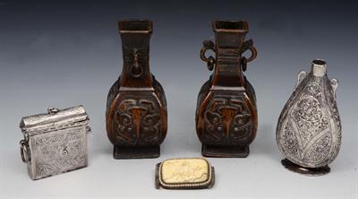 Lot 129 - A PAIR OF CHINESE BRONZE VASES with stylised decoration