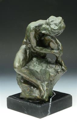 Lot 161 - A 20TH CENTURY BRONZE SCULPTURE of a nude girl seated on a rock signed B.C. Zheng