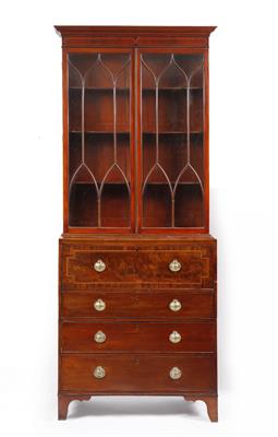 Lot 175 - A GEORGE III MAHOGANY AND BOXWOOD INLAID SECRETAIRE BOOKCASE IN TWO PARTS