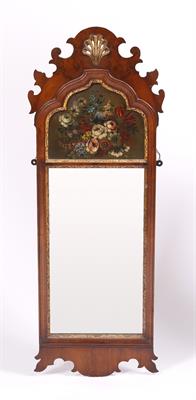 Lot 177 - AN 18TH CENTURY STYLE WALNUT VENEERED FRET FRAME WALL MIRROR with inset still life painted panel