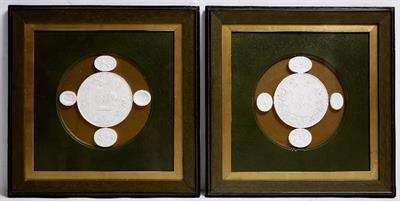 Lot 180 - A PAIR OF 'GRAND TOUR' STYLE GROUPS OF FOUR PLASTER INTAGALIO MEDALLIONS after the classical Antique