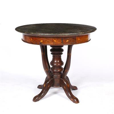 Lot 190 - A DUTCH ROSEWOOD AND MARQUETRY INLAID CIRCULAR OCCASIONAL TABLE on central ring turned column and fo