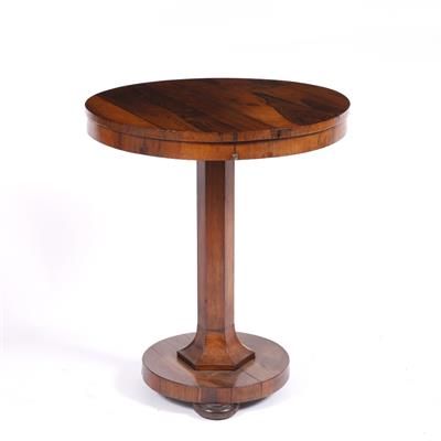 Lot 192 - A VICTORIAN ROSEWOOD CIRCULAR OCCASIONAL TABLE on hexagonal column and platform base