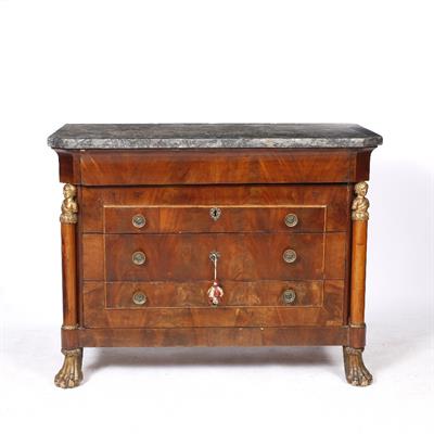 Lot 193 - AN EARLY 19TH CENTURY FRENCH EMPIRE MAHOGANY COMMODE with three long drawers