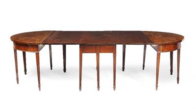 Lot 198 - A GEORGE III MAHOGANY 'D' END DINING TABLE CONSTRUCTED IN THREE SECTIONS on square tapering legs