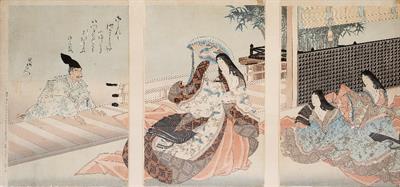 Lot 200 - A GROUP OF THREE JAPANESE HAND-COLOURED PRINTS of figure subjects in one frame