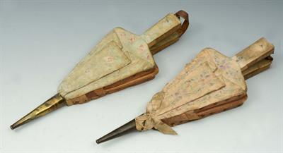 Lot 201 - TWO GEORGIAN WOODEN AND STUDDED LEATHER WIG BELLOWS with applied painted silk and brass funnels