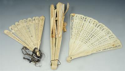 Lot 202 - THREE OLD IVORY FANS with pierced sticks for restoration