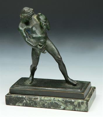 Lot 205 - A CLASSICAL BRONZE FIGURE AFTER THE ANTIQUE of a Bacchanalian youth holding a wine sack on a marble