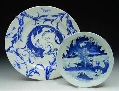 Lot 213 - A CHINESE BLUE AND WHITE CIRCULAR SAUCER DISH with pastoral landscape decoration