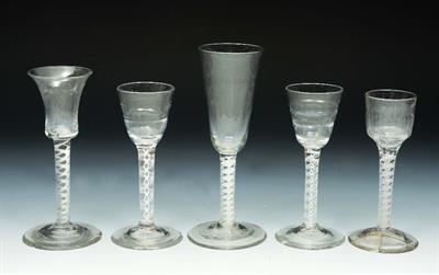 Lot 214 - A GROUP OF FIVE OLD ENGLISH ALE OR WINE GLASSES with air twist and cotton twist stems