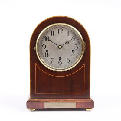 Lot 220 - A MAHOGANY MANTEL CLOCK with boxwood line inlay