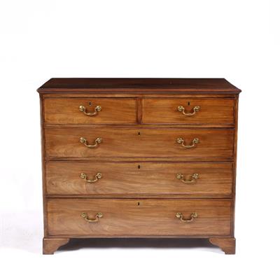 Lot 225 - A GEORGE III MAHOGANY STRAIGHT FRONT CHEST of two short and three long drawers with brass swan neck