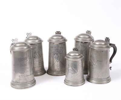 Lot 226 - A PAIR OF WADHAM COLLEGE SCRATCH FOURS PEWTER LIDDED TANKARDS dated 1860