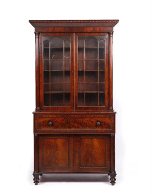 Lot 227 - AN EARLY VICTORIAN MAHOGANY SECRETAIRE BOOKCASE constructed in three sections with glazed bookcase