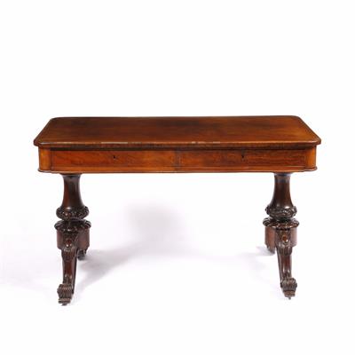 Lot 228 - AN EARLY VICTORIAN ROSEWOOD RECTANGULAR LIBRARY TABLE with two frieze drawers and on baluster end su