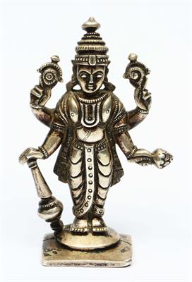 Lot 235 - AN INDIAN SILVER FIGURE of Vishnu with outspread arms