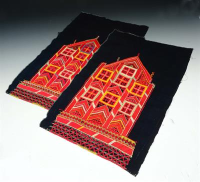 Lot 241 - TWO INDIGO COTTON PALESTINIAN RECTANGULAR PANELS embroidered in red and other colours