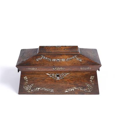 Lot 252 - AN EARLY VICTORIAN ROSEWOOD AND MOTHER OF PEARL INLAID TEA CADDY of sarcophagus form