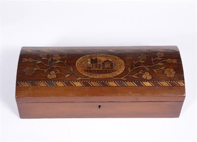 Lot 255 - A 19TH CENTURY IRISH YEW WOOD AND INLAID DOME TOPPED GLOVE BOX