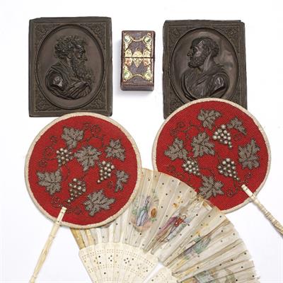 Lot 276 - TWO 19TH CENTURY BEADWORK FACE SCREENS with turned and carved bone handles; a 19th Century gauze fan