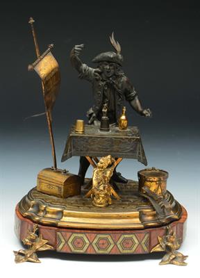 Lot 285 - A MID 19TH CENTURY FRENCH BRONZE AND GILT METAL 'STREET MAGICIAN' MUSICAL DESK STAND