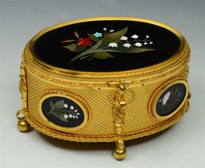 Lot 307 - A FRENCH GUTTIN GILT METAL AND PIETRA DURA OVAL CASKET