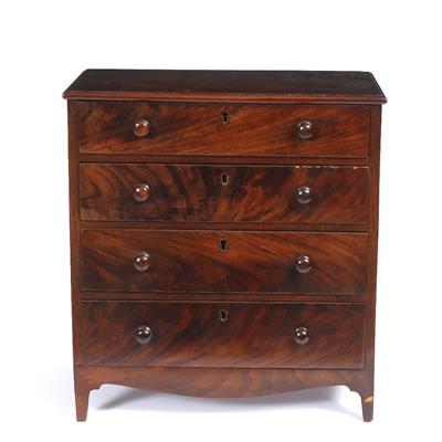 Lot 328 - A 19TH CENTURY MAHOGANY SMALL CHEST of four long drawers on bracket feet