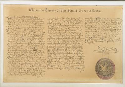 Lot 350 - A 19TH CENTURY LITHOGRAPH of the Warrant signed by Queen Elizabeth I to execute Mary Queen of Scots