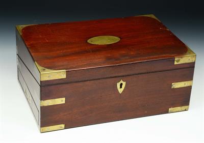 Lot 351 - A 19TH CENTURY MAHOGANY AND BRASS BOUND WRITING BOX