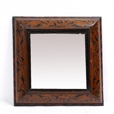 Lot 368 - A 17TH CENTURY STYLE MARQUETRY INLAID CUSHION FRAME WALL MIRROR with scrolling motif