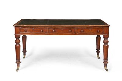 Lot 376 - A VICTORIAN MAHOGANY RECTANGULAR LIBRARY TABLE with green leather top and fitted three long drawers