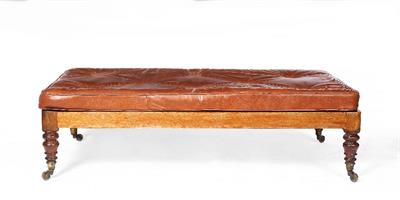 Lot 377 - A VICTORIAN MAHOGANY COUNTRY HOUSE RECTANGULAR STOOL  with loose cushion and ring turned legs on bra