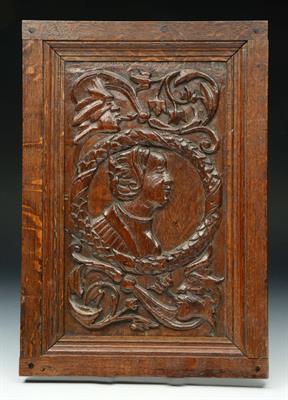 Lot 379 - A 17TH CENTURY OAK PANEL with carved decoration in relief of a silhouette portrait of a woman within