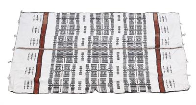 Lot 387 - THREE OLD AFRICAN TRIBAL RUGS/BLANKETS with geometric and stylised decoration on a white ground