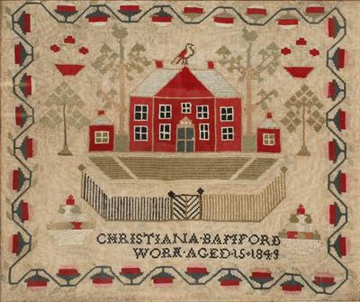 Lot 394 - A VICTORIAN LARGE SAMPLER depicting a red brick country house within a formal garden by Christiana