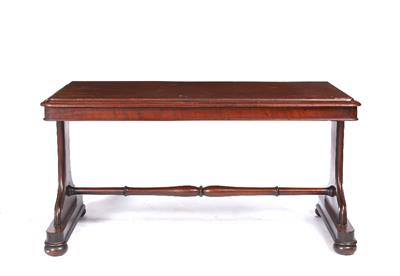 Lot 413 - A VICTORIAN MAHOGANY RECTANGULAR LIBRARY TABLE on end supports with ring turned stretcher