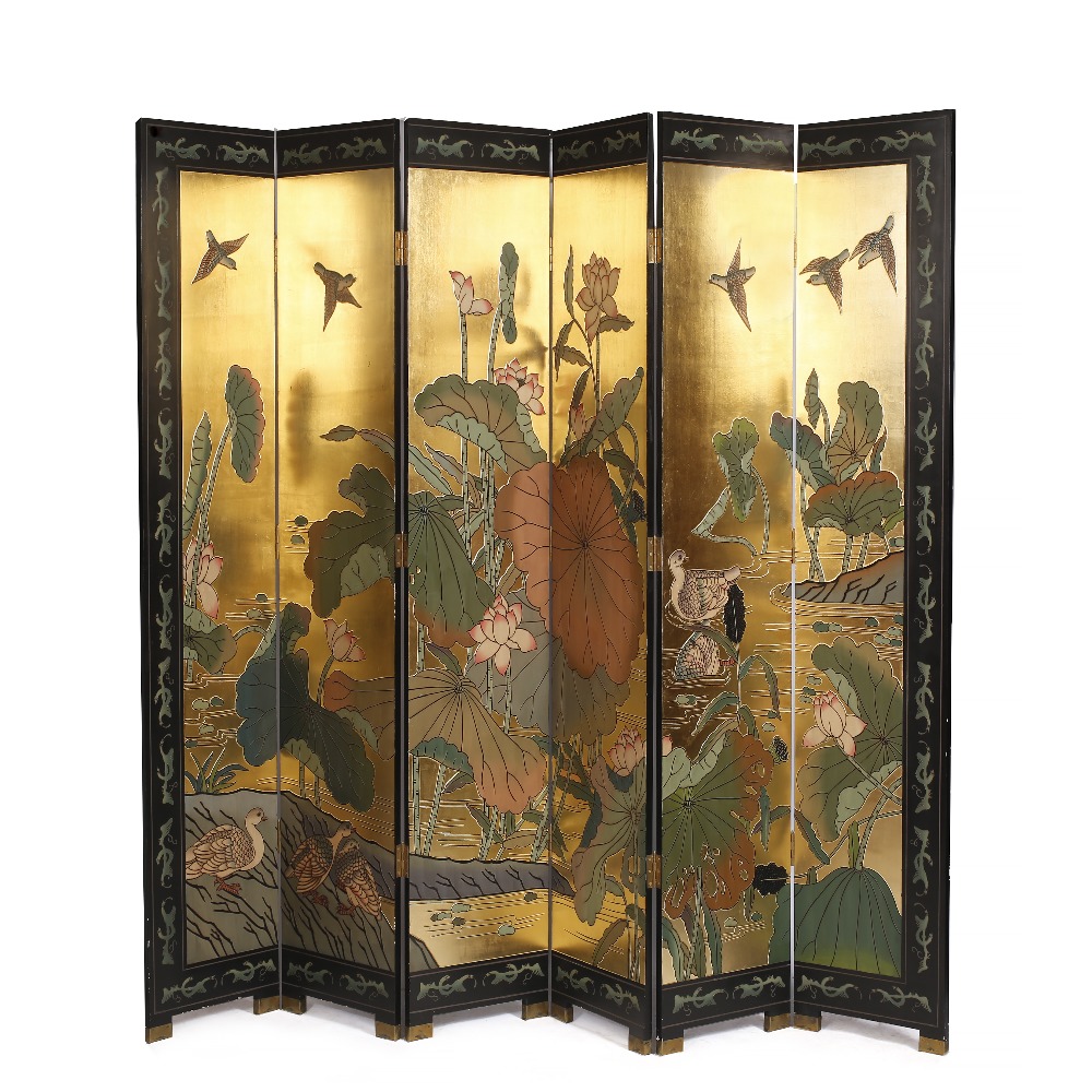 Lot 415 - AN ORIENTAL SIX FOLD DRAUGHT SCREEN decorated birds amongst ornamental foliage on a gilded ground