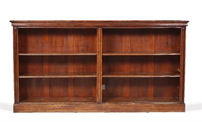 Lot 416 - A VICTORIAN OAK OPEN FRONT DWARF BOOKCASE fitted an arrangement of adjustable shelves on a plinth ba