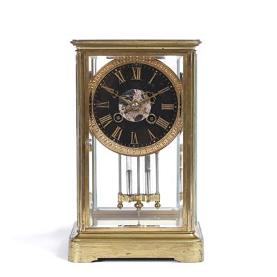 Lot 417 - A FRENCH FOUR GLASS AND BRASS CASED LIBRARY MANTEL CLOCK with circular black enamel dial