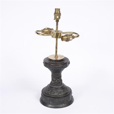 Lot 418 - A JAPANESE BRONZE TABLE LAMP with raised tortoise and foliate decoration and brass fittings