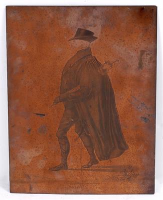 Lot 420 - AN OLD RECTANGULAR COPPER PRINTING PLATE engraved with the figure of a man