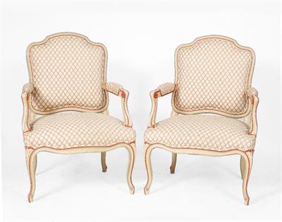 Lot 421 - A PAIR OF REPRODUCTION FRENCH OPEN ARM FAUTEUILS with painted frames and upholstered in lattice mate