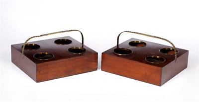 Lot 423 - A PAIR OF LATE GEORGIAN MAHOGANY FOUR SECTIONAL BOTTLE CARRIERS with gilt metal handles