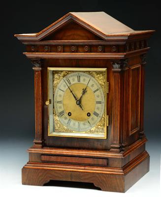 Lot 424 - AN EDWARDIAN WALNUT BRACKET CLOCK with chiming mechanism