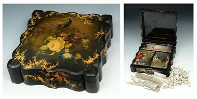 Lot 437 - A VICTORIAN BLACK AND POLYCHROME LACQUERED CARD BOX