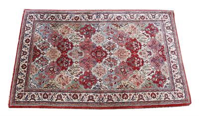 Lot 443 - A PERSIAN MULTI-COLOURED RUG with repeating foliate and scroll panels within a triple border